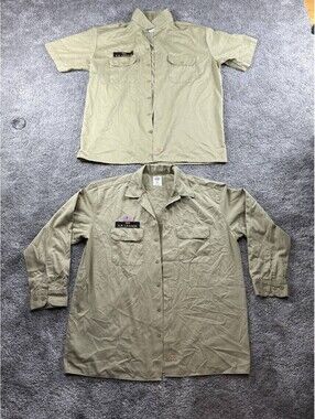 Dickies Work Shirt Lot 2 XL Khaki Uniform Name Patch USA Flag Button Up
